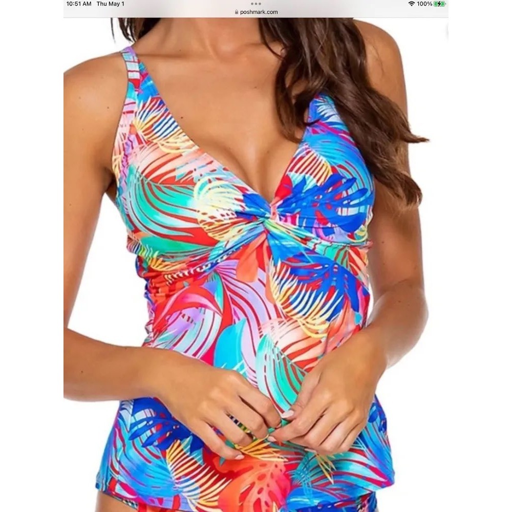 Sunsets Copacabana Tankini Swim Skirt Swimsuit Set Tropical Palm 34D Medium